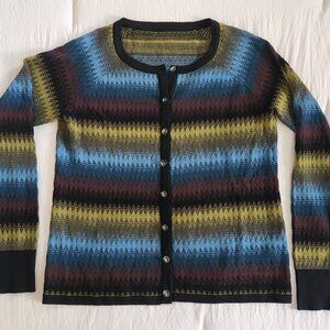 Adrienne Vittadini Cardigan Sweater Women's M Stripe Jewel Buttons Blue Green